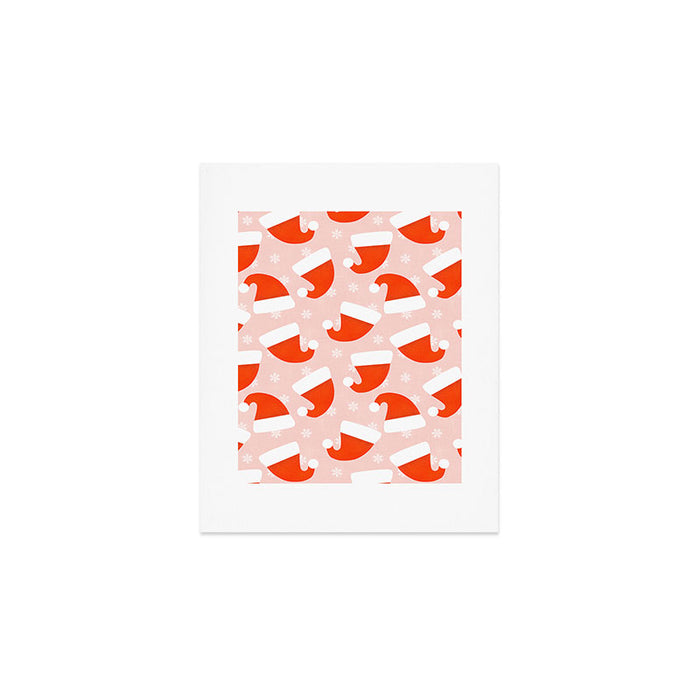 Red Santa Hats & Snowflakes on Linen Pink - Modern Festive Pattern Art Print Gallery Image 1