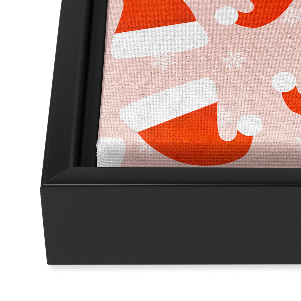 Red Santa Hats & Snowflakes on Linen Pink - Modern Festive Pattern Framed Canvas Print Gallery Image 3