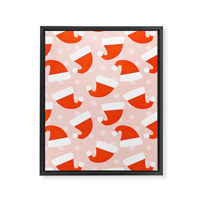 Red Santa Hats & Snowflakes on Linen Pink - Modern Festive Pattern Framed Canvas Print Gallery Image 1
