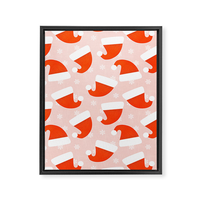 Red Santa Hats & Snowflakes on Linen Pink - Modern Festive Pattern Framed Canvas Print Gallery Image 8