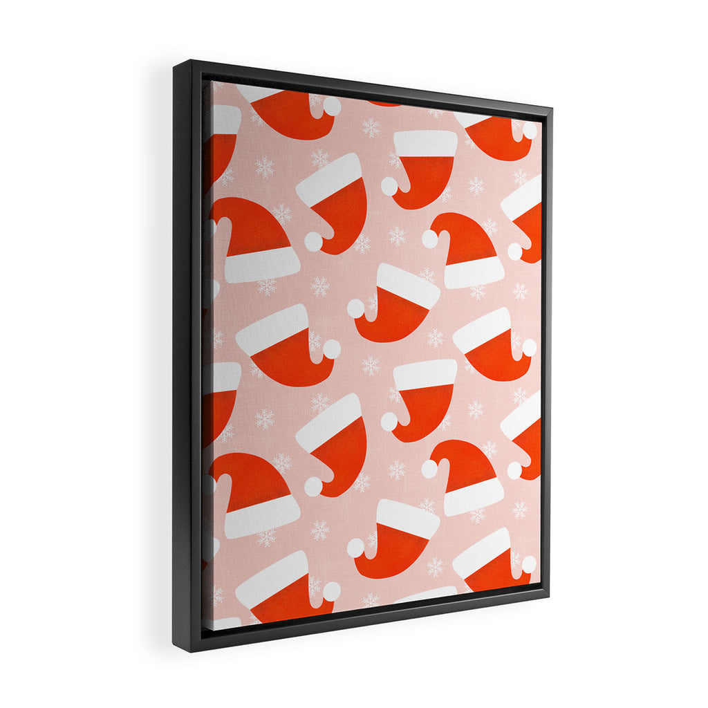 Red Santa Hats & Snowflakes on Linen Pink - Modern Festive Pattern Framed Canvas Print Gallery Image 2