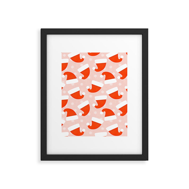 Red Santa Hats & Snowflakes on Linen Pink - Modern Festive Pattern Framed Art Print Gallery Image 6