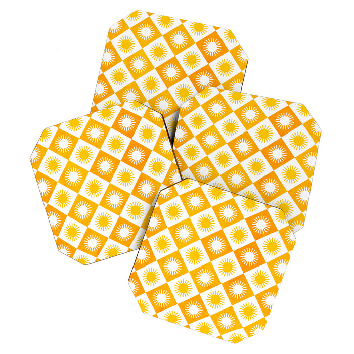 Retro Checkered Yellow Sun Pattern Coaster Gallery Image 1
