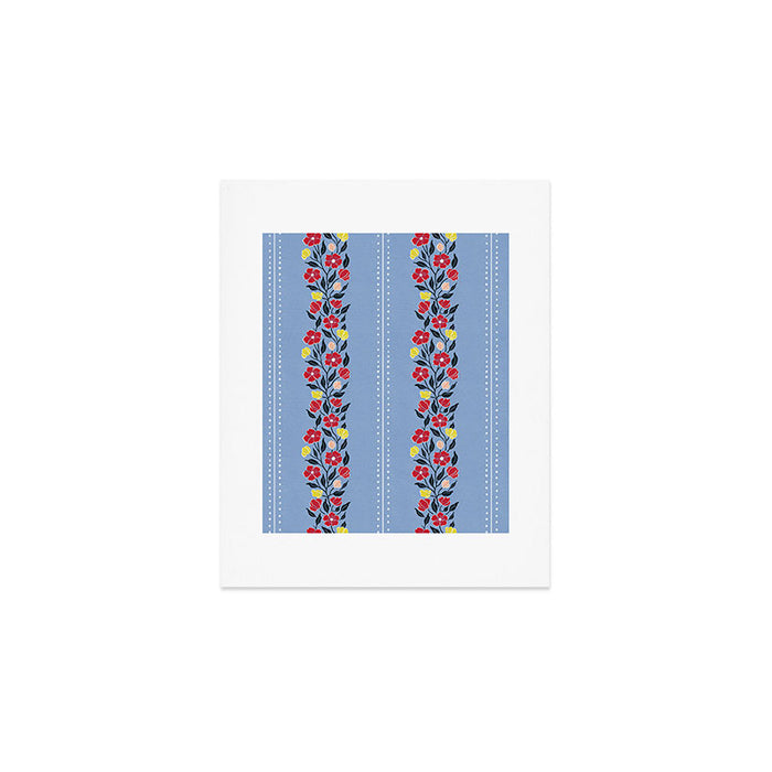 Vintage Posey Stripe Floral on Blue Linen Art Print Gallery Image 1