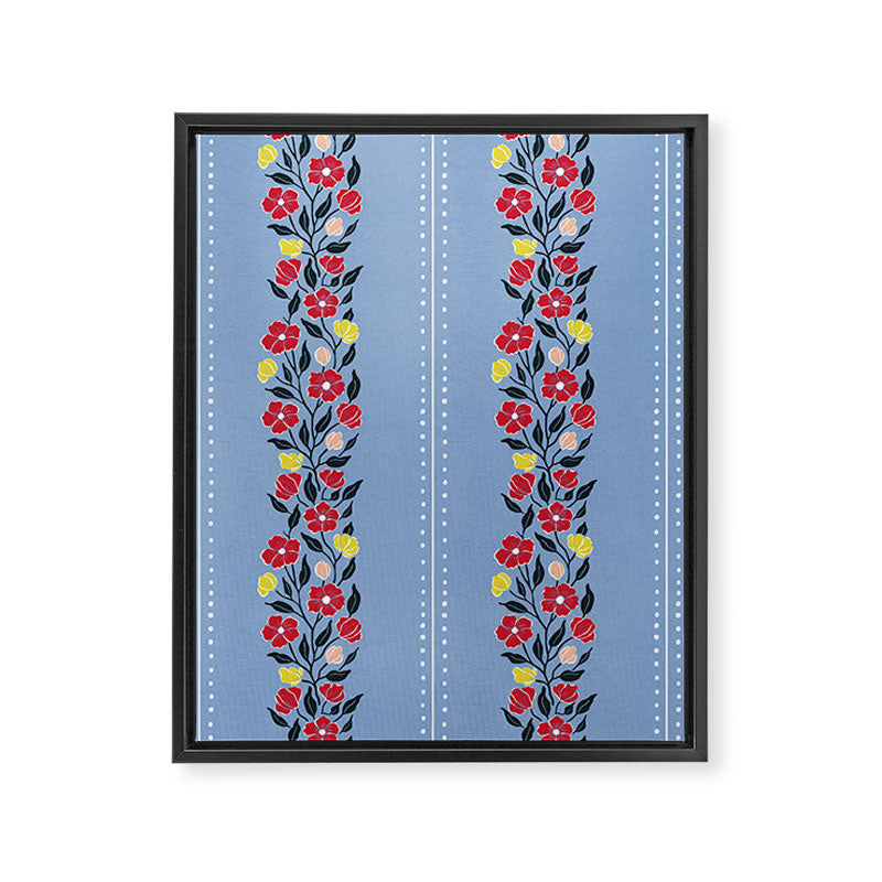 Vintage Posey Stripe Floral on Blue Linen Framed Canvas Print Gallery Image 8
