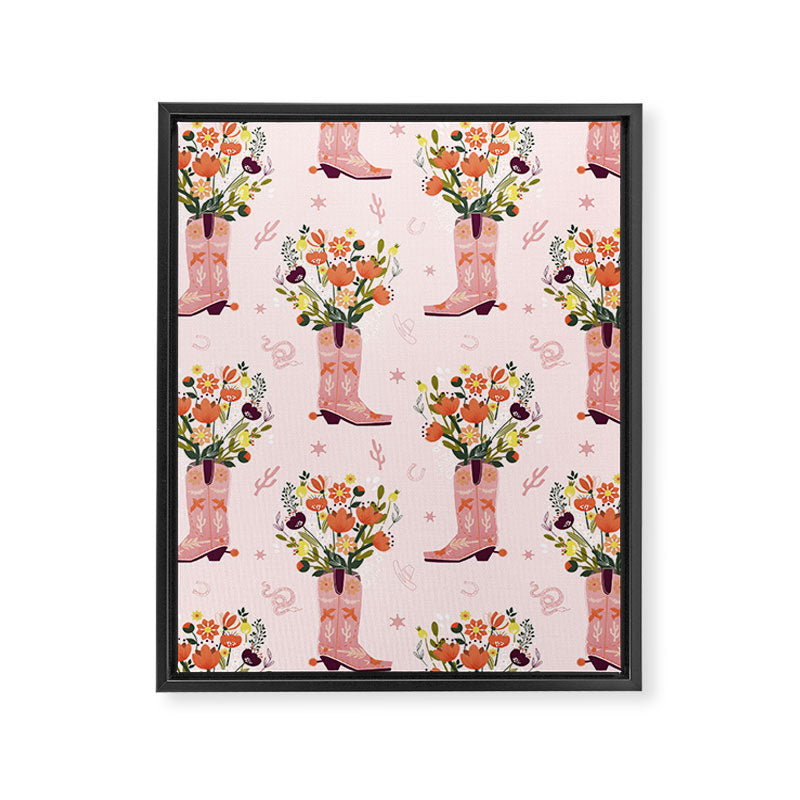 Western Floral Cowboy Boots Pattern Framed Canvas Print Gallery Image 8