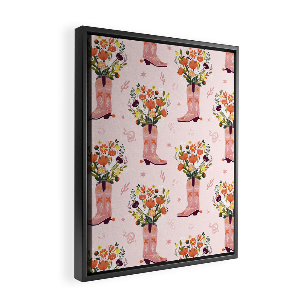 Western Floral Cowboy Boots Pattern Framed Canvas Print Gallery Image 2