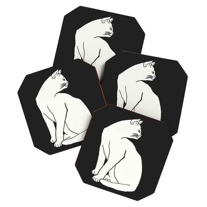 White Cat On Black Coaster Gallery Image 1
