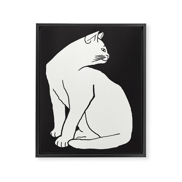White Cat On Black Framed Canvas Print Gallery Image 1