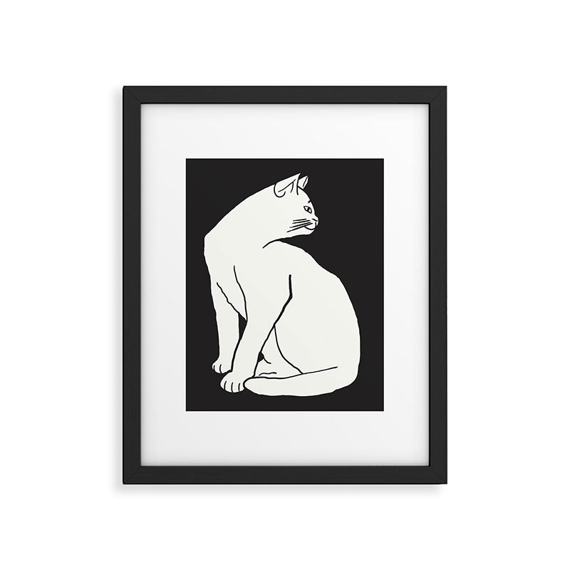 White Cat On Black Framed Art Print Gallery Image 6