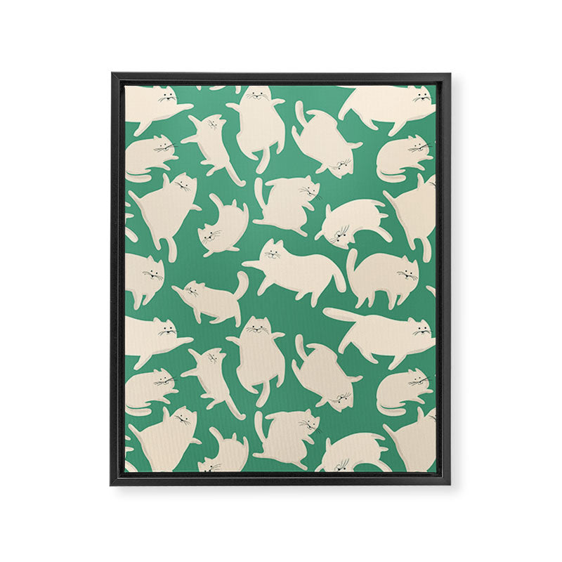 White Silly Cats Pattern Framed Canvas Print Gallery Image 8