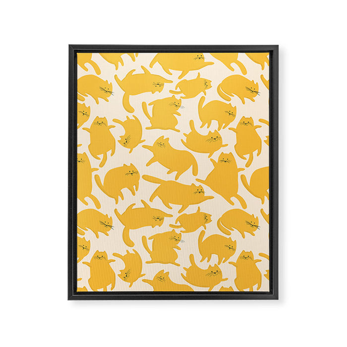 Yellow Silly Cats Pattern Framed Canvas Print Gallery Image 1