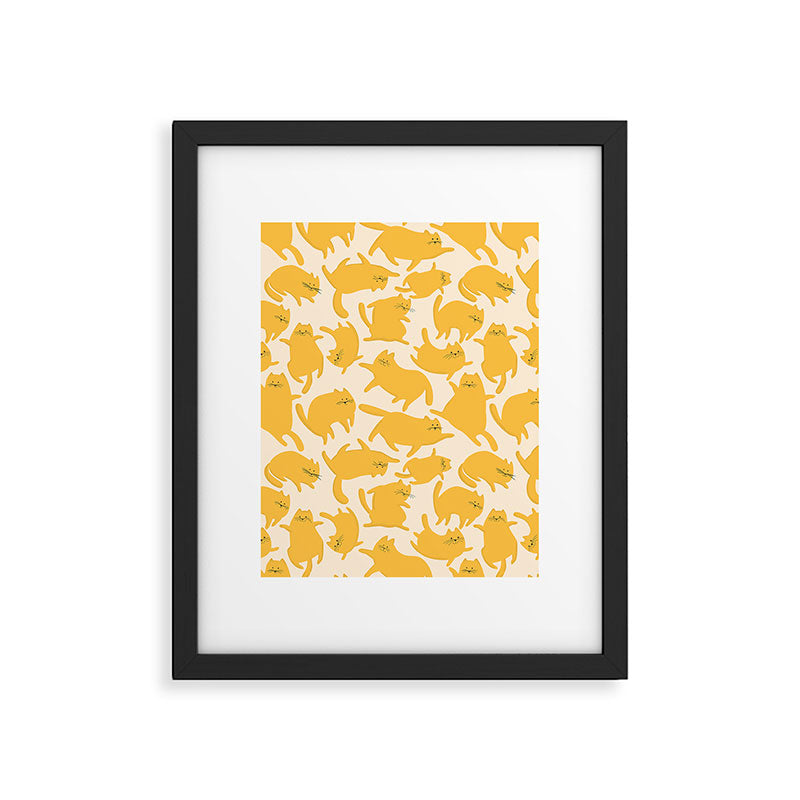 Yellow Silly Cats Pattern Framed Art Print Gallery Image 6