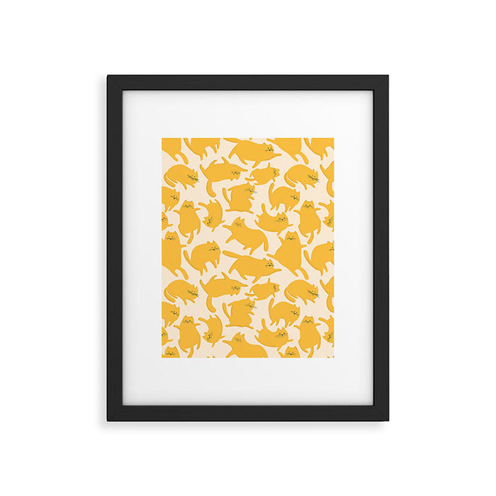 Yellow Silly Cats Pattern Framed Art Print Gallery Image 1