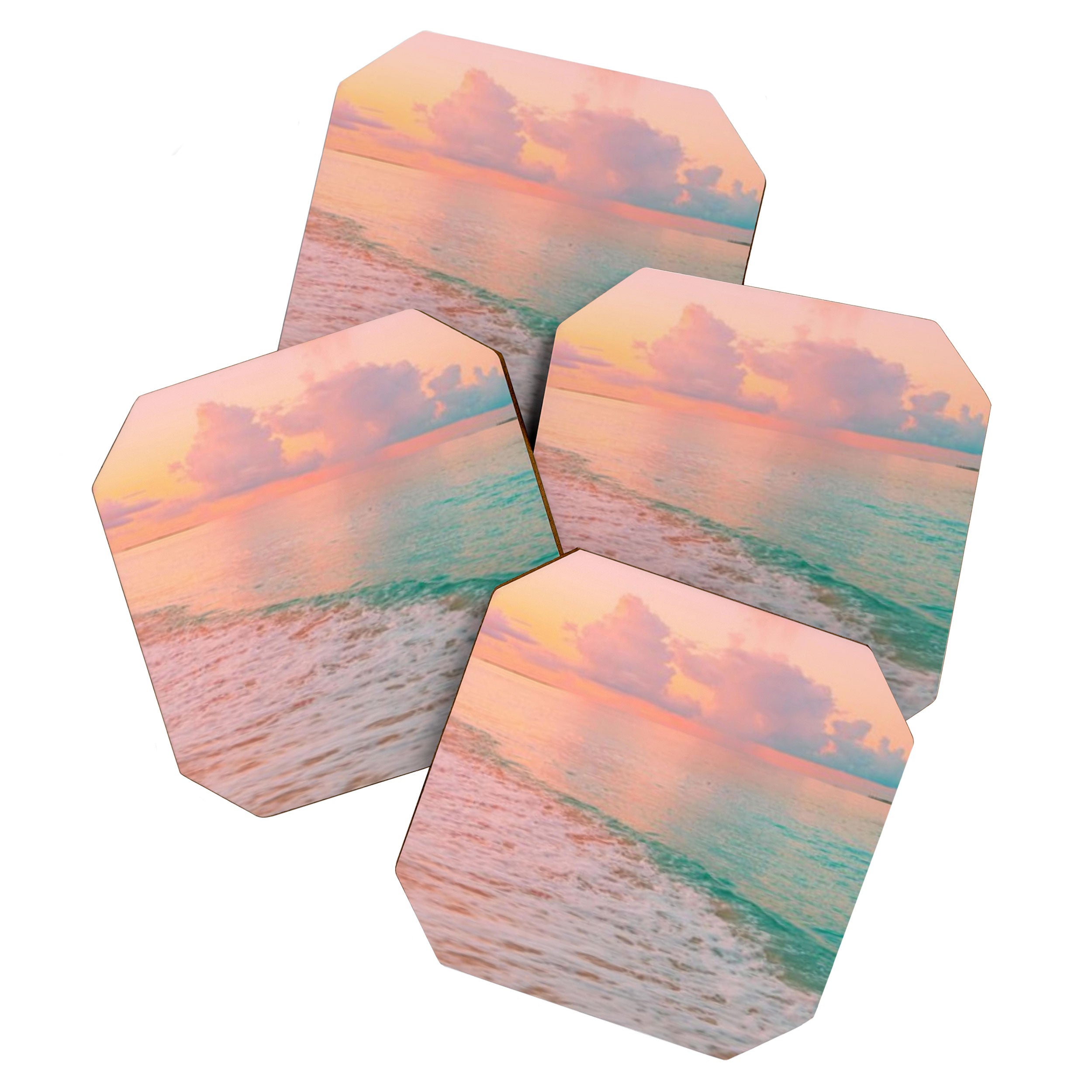 Beautiful: Aqua, Turquoise, Pink, Sunset Relaxing, Peaceful, Coastal Seashore Coaster Gallery Image 1