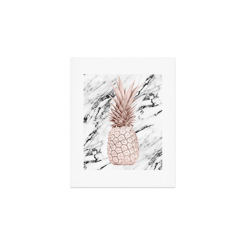 Rose Gold Pineapple on Black and White Marble Art Print Gallery Image 1