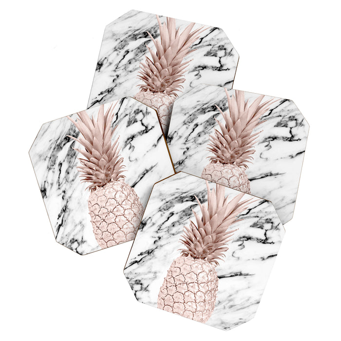 Rose Gold Pineapple on Black and White Marble Coaster Gallery Image 1
