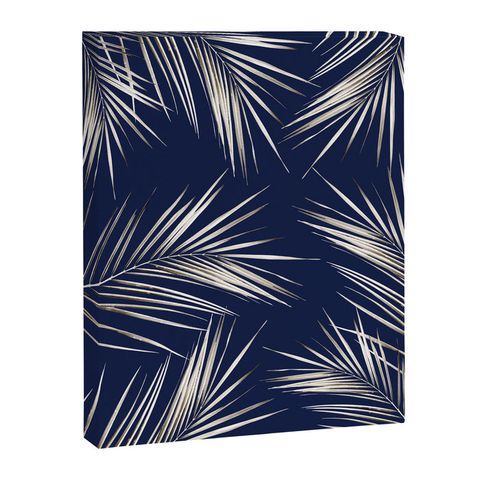 White Gold Palm Leaves on Navy Blue Canvas Print Gallery Image 1