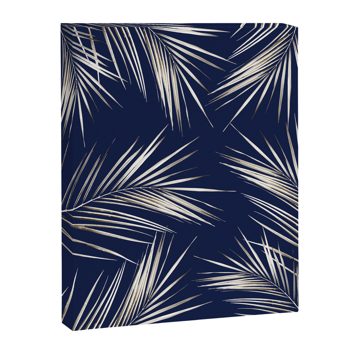 White Gold Palm Leaves on Navy Blue Canvas Print Gallery Image 6