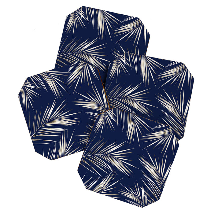 White Gold Palm Leaves on Navy Blue Coaster Gallery Image 1