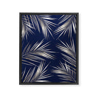 White Gold Palm Leaves on Navy Blue Framed Canvas Print Gallery Image 6