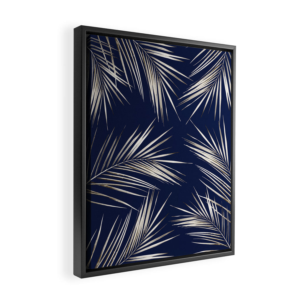 White Gold Palm Leaves on Navy Blue Framed Canvas Print Gallery Image 2