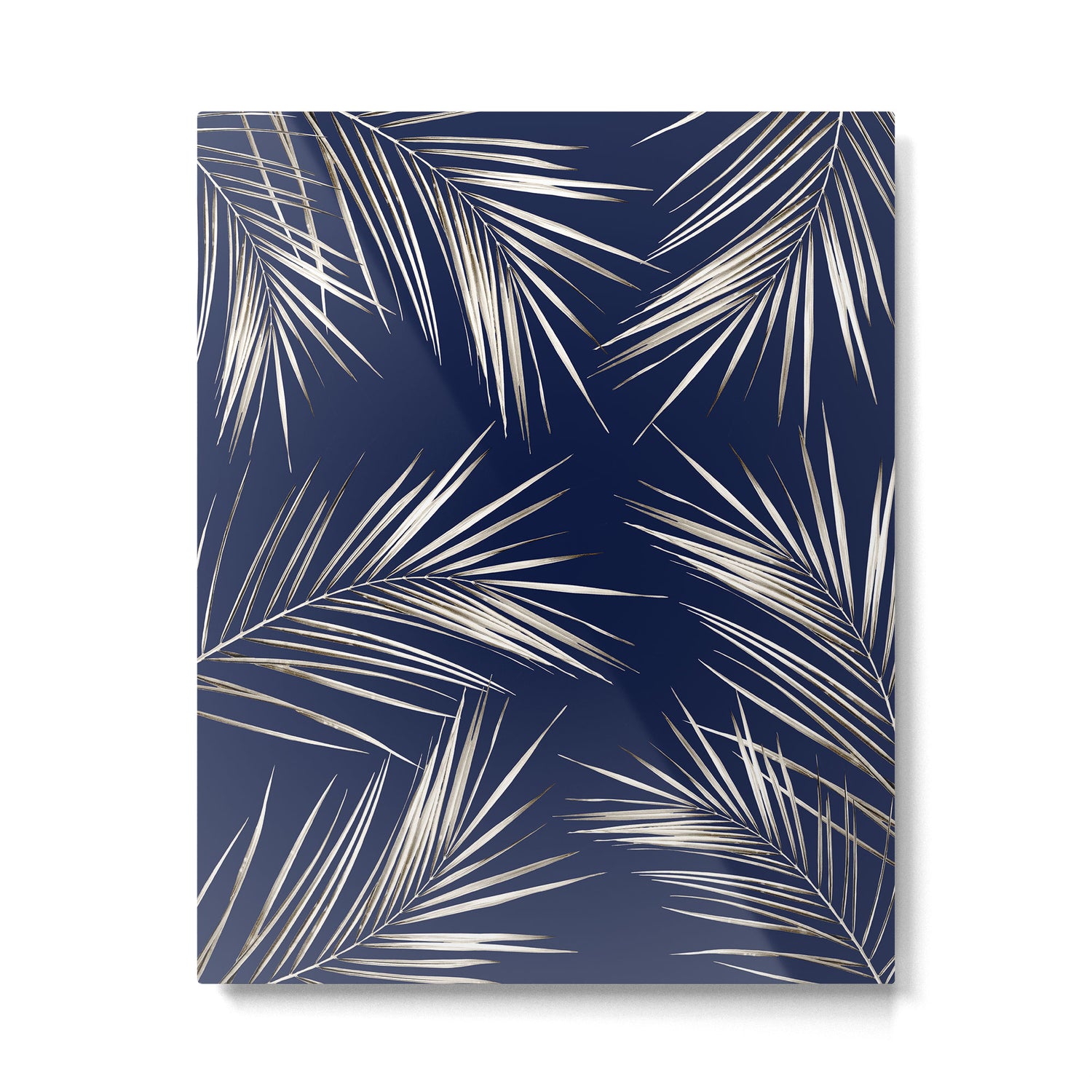 White Gold Palm Leaves on Navy Blue Metal Print Gallery Image 4
