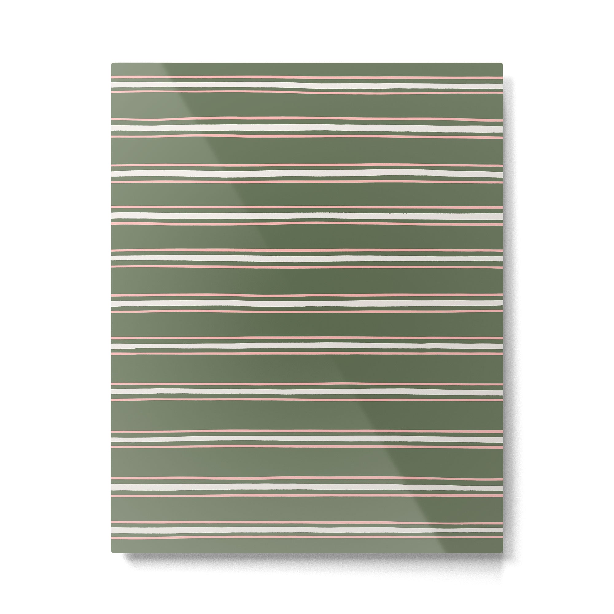 Triple Stripe Pattern Muted Green, Cream, Pink Metal Print Gallery Image 6