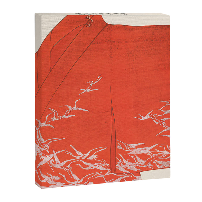 Japanese Cranes on Red Kimono Seiko Ueno Japandi Minimalist Asian Woodblock Inspired Design Canvas Print Gallery Image 1