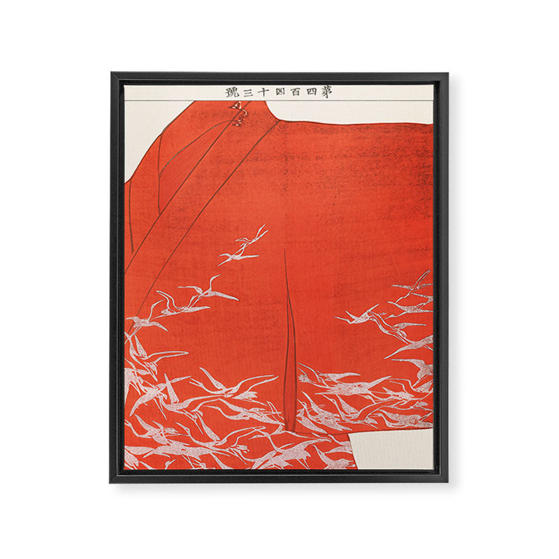 Japanese Cranes on Red Kimono Seiko Ueno Japandi Minimalist Asian Woodblock Inspired Design Framed Canvas Print Gallery Image 6