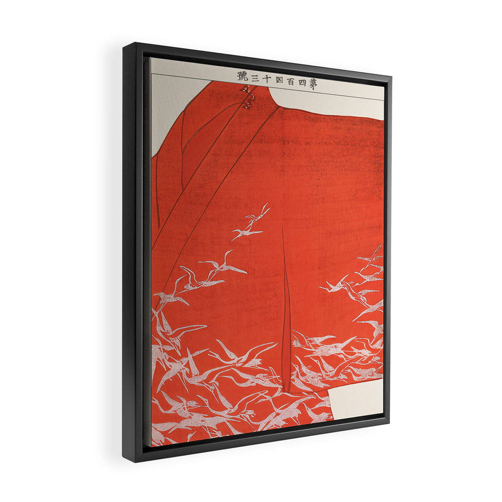 Japanese Cranes on Red Kimono Seiko Ueno Japandi Minimalist Asian Woodblock Inspired Design Framed Canvas Print Gallery Image 2