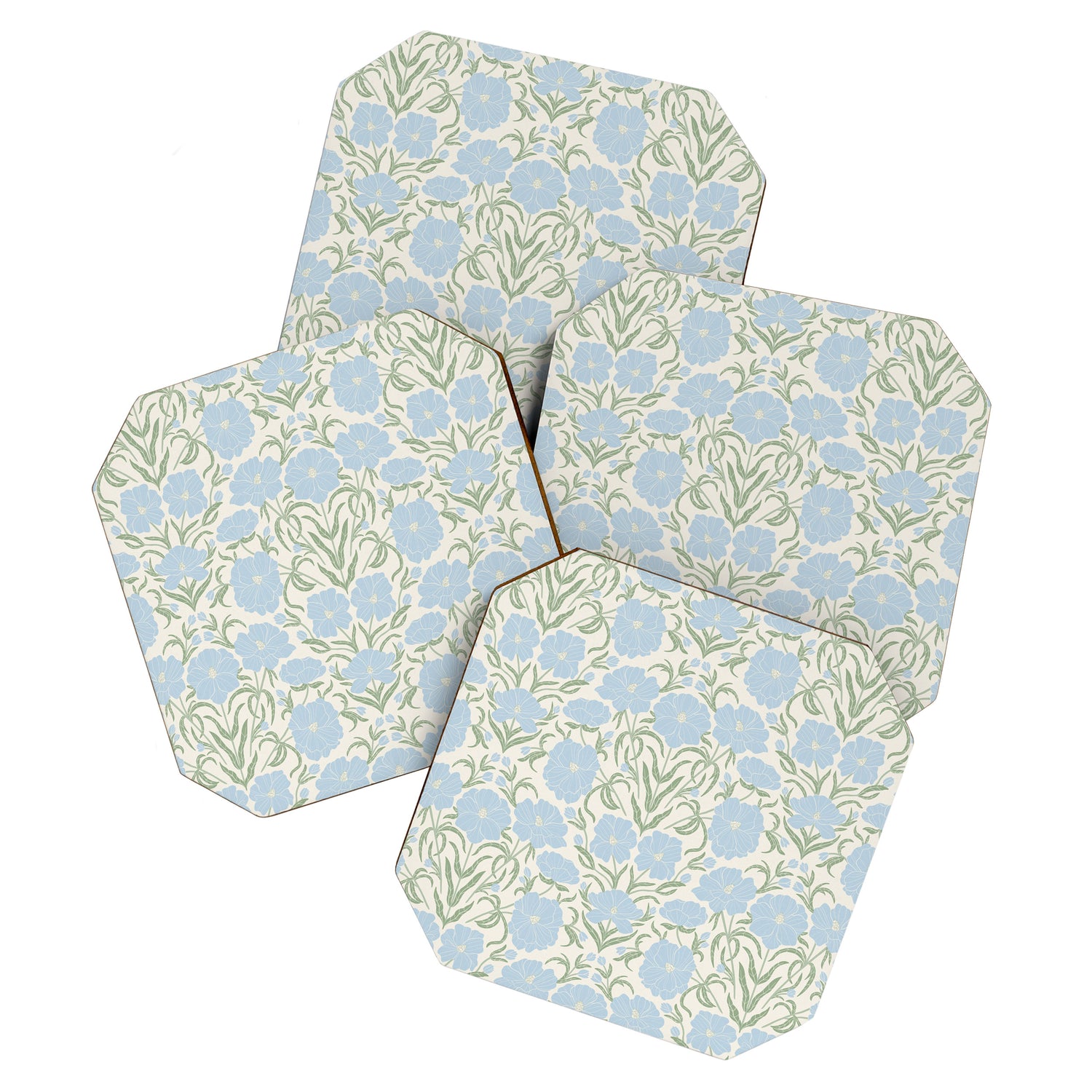 Retro boho flowers - light blue peonies -pastel floral block print Coaster Gallery Image 1