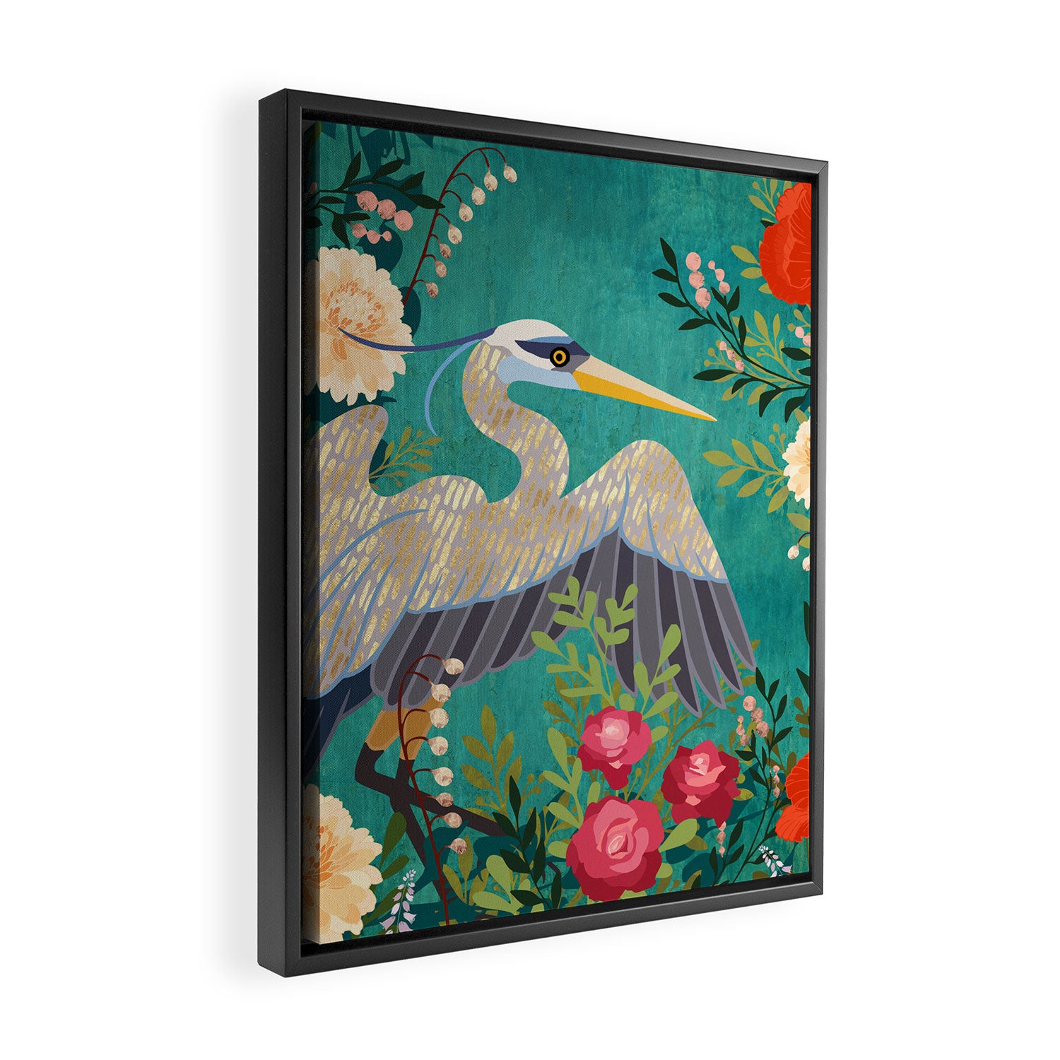 Bohemian Floral Heron Framed Canvas Print Gallery Image 2