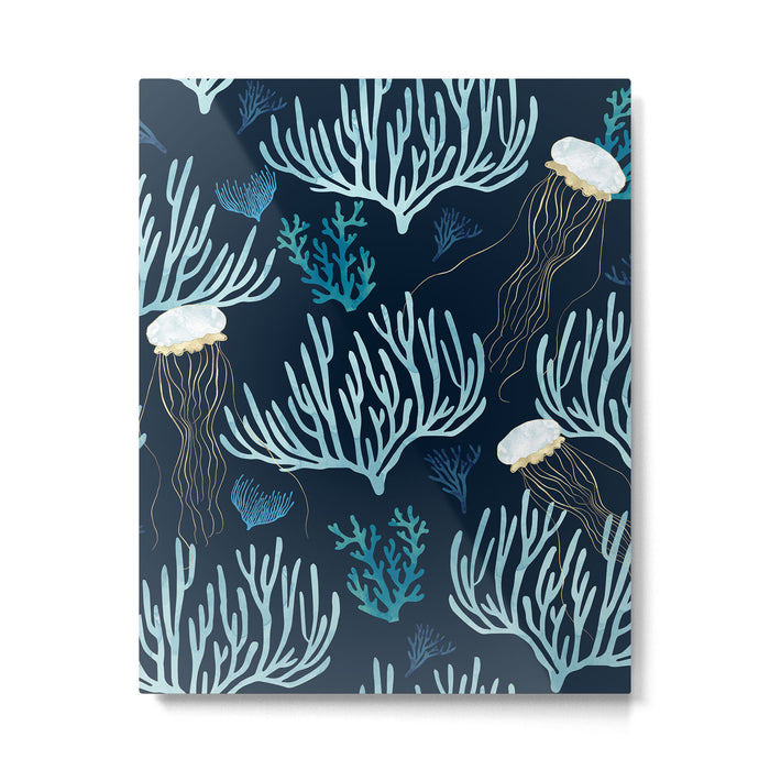 Jellyfish and Coral-Navy Metal Print Gallery Image 1