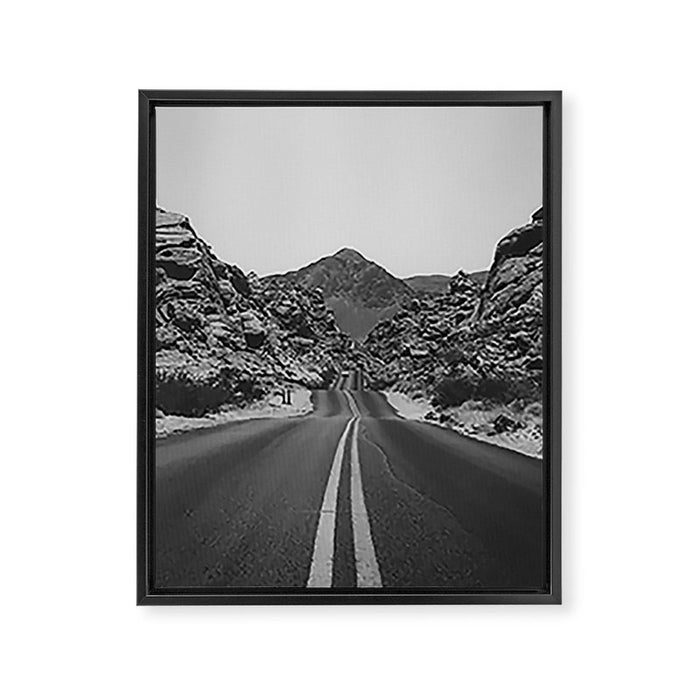 Black and White Desert Road Framed Canvas Print Gallery Image 1