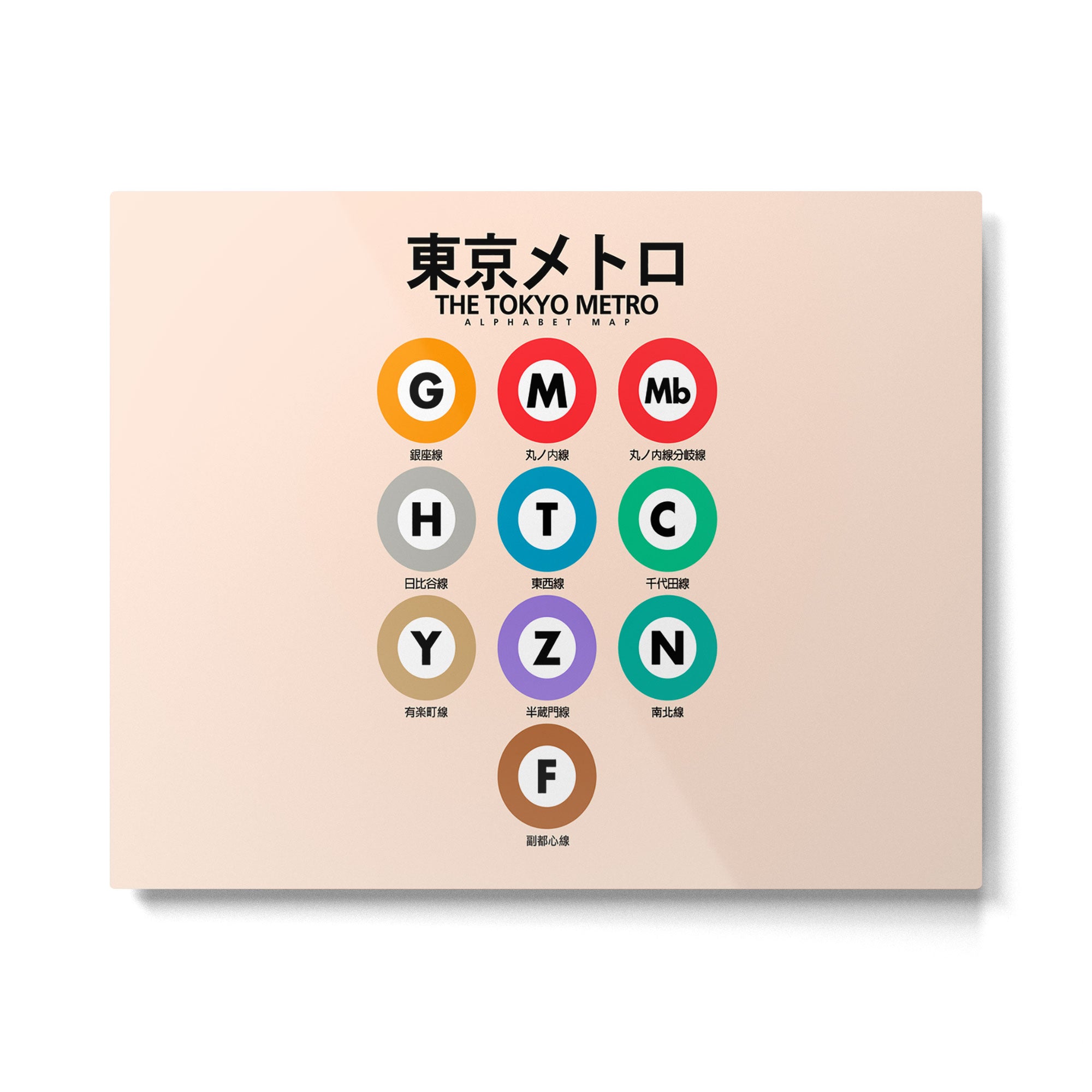 Tokyo subway map print. City metro alphabet poster, japan underground print, japanese city wall art. Metal Print Gallery Image 6