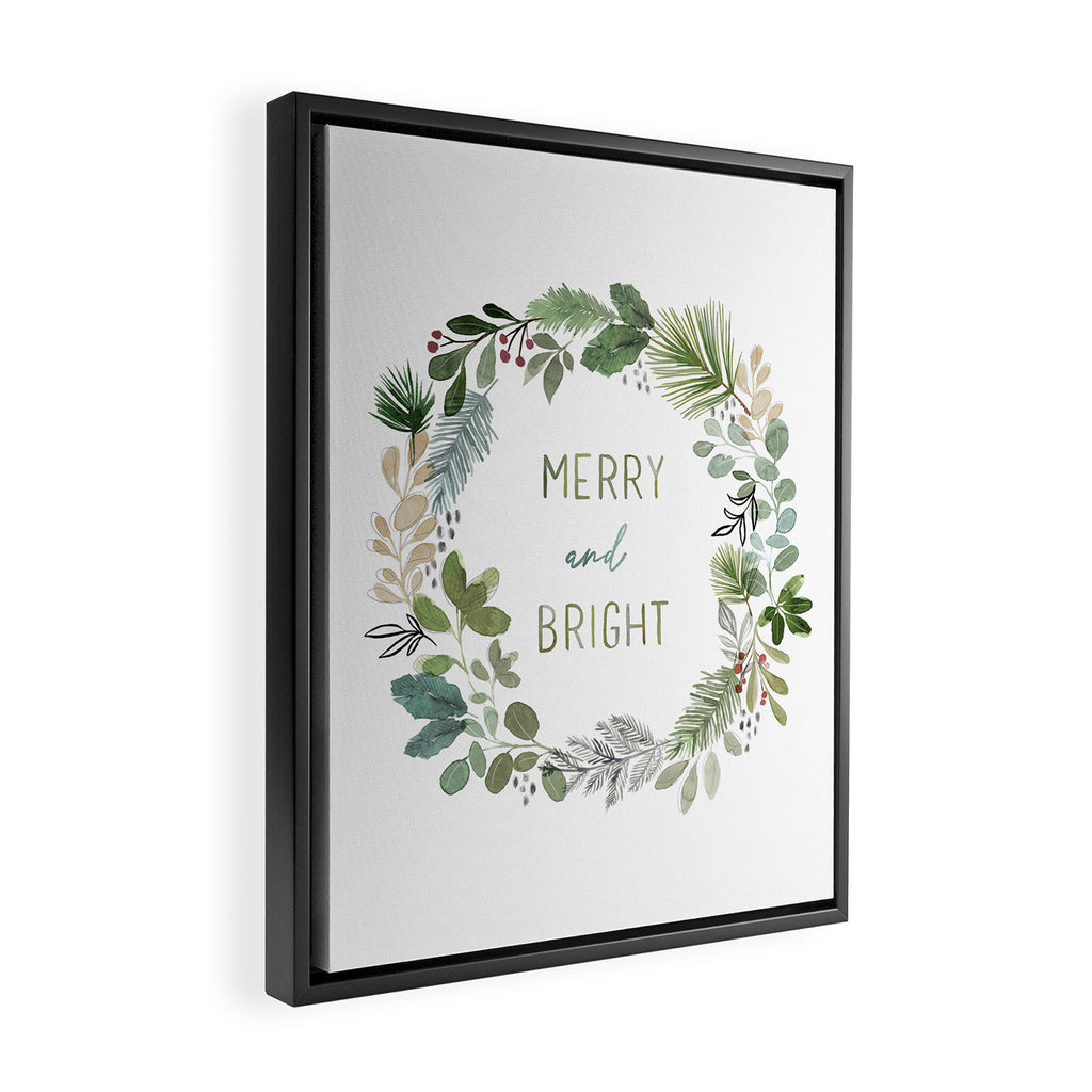 Merry & Bright Watercolor Wreath Framed Canvas Print Gallery Image 2