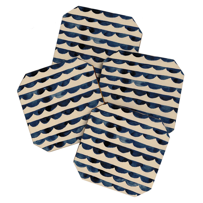 Thin Scalloped Line in indigo watercolor blue Coaster Gallery Image 1