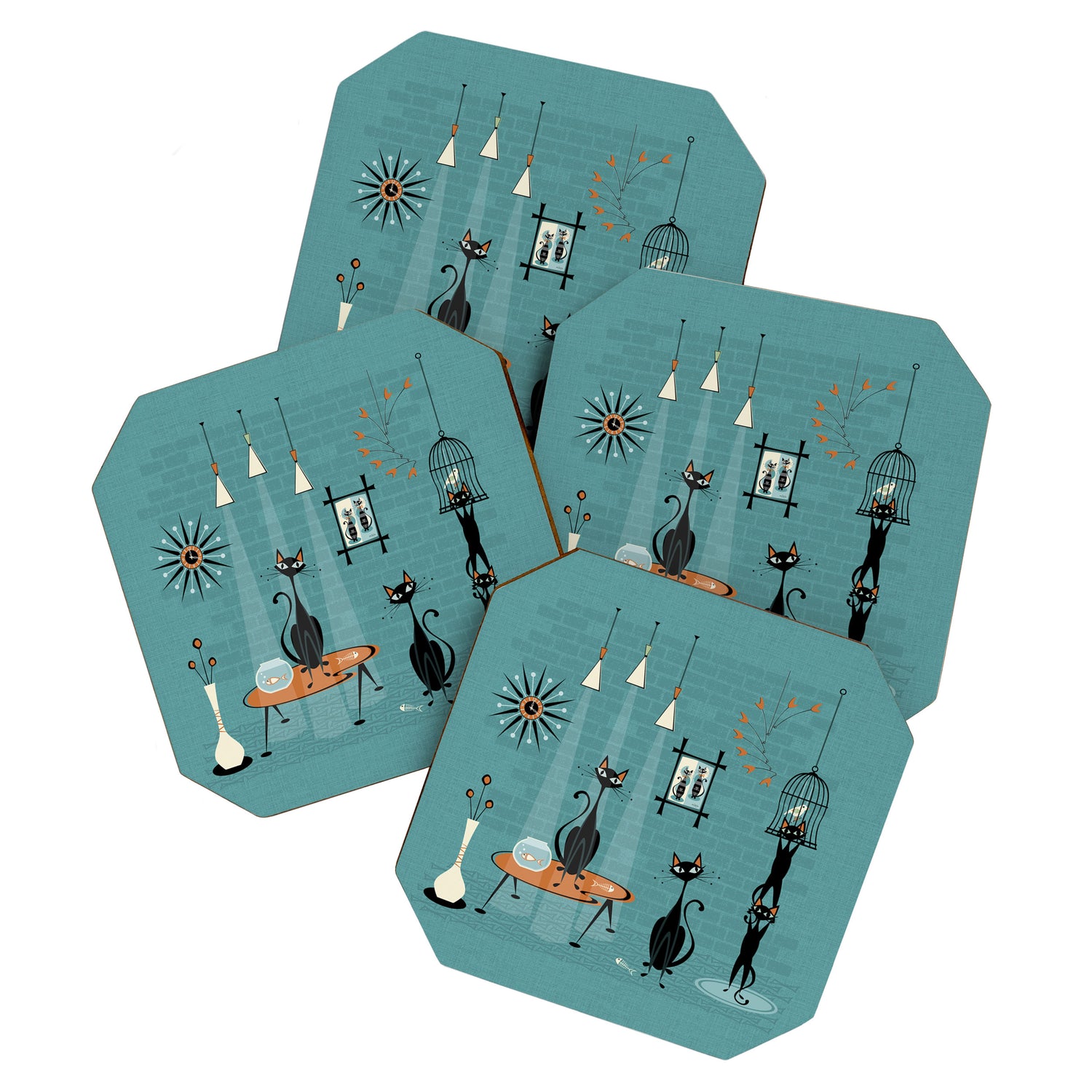 Mid Century Kitty Mishchief - w/ Orange ©studioxtine Coaster Gallery Image 1