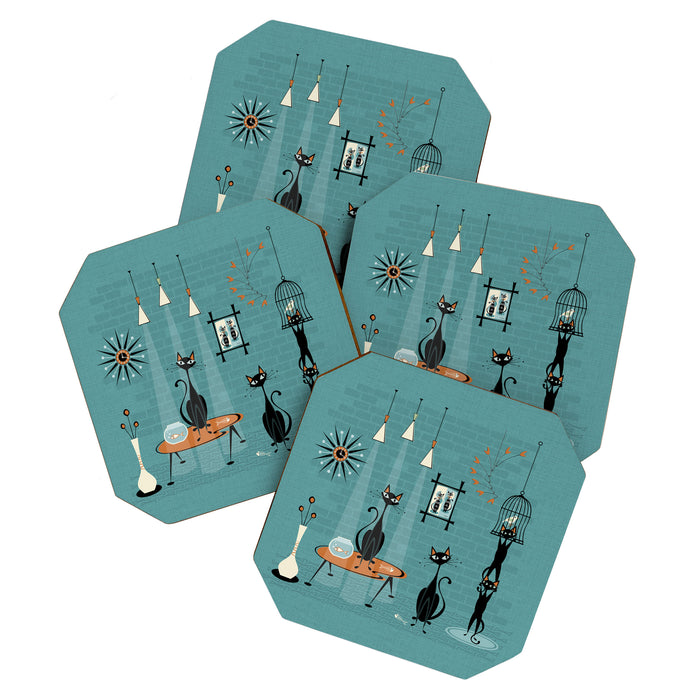 Mid Century Kitty Mishchief - w/ Orange ©studioxtine Coaster Gallery Image 1