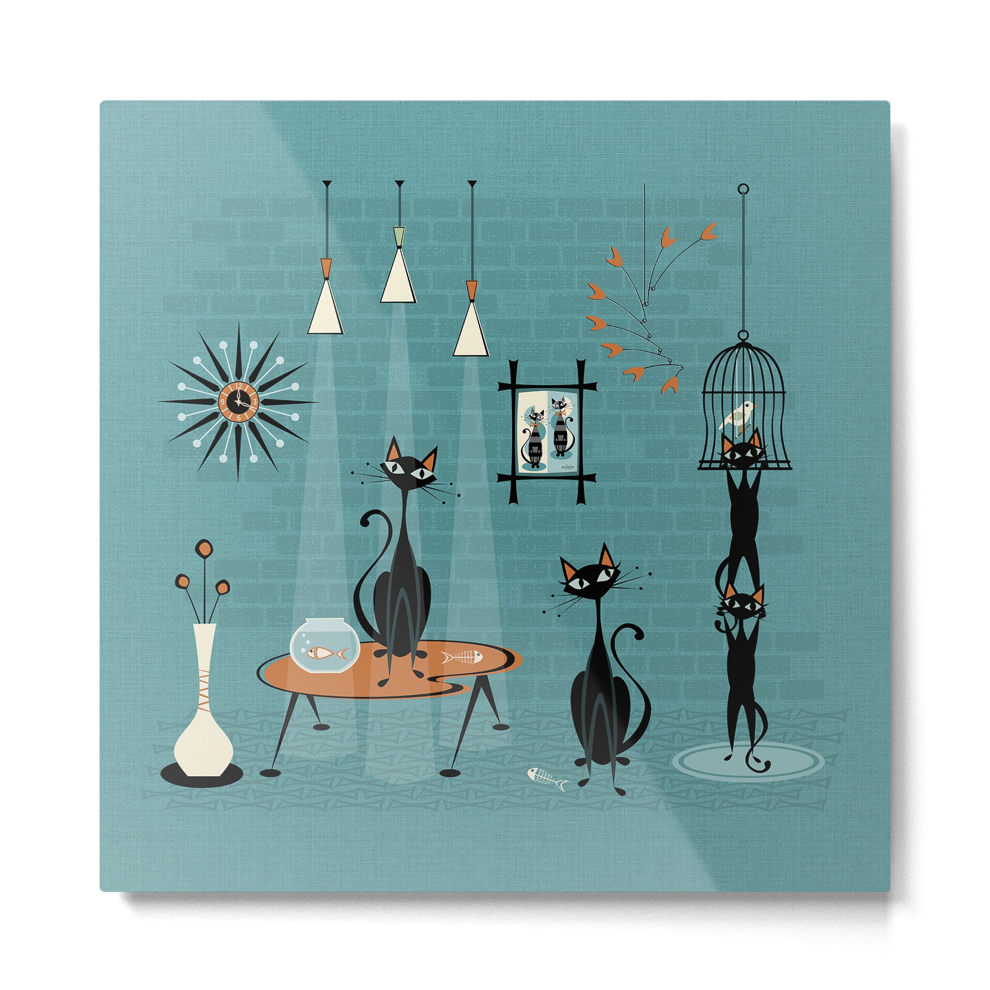Mid Century Kitty Mishchief - w/ Orange ©studioxtine Metal Print Gallery Image 2