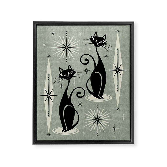 Mid Century Meow Retro Atomic Cats - Gray Framed Canvas Print Gallery Image 1