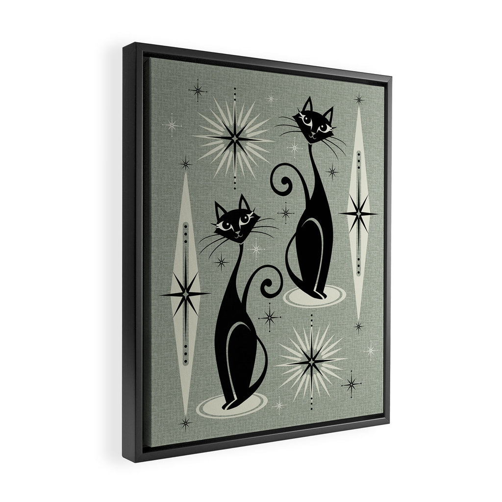 Mid Century Meow Retro Atomic Cats - Gray Framed Canvas Print Gallery Image 2