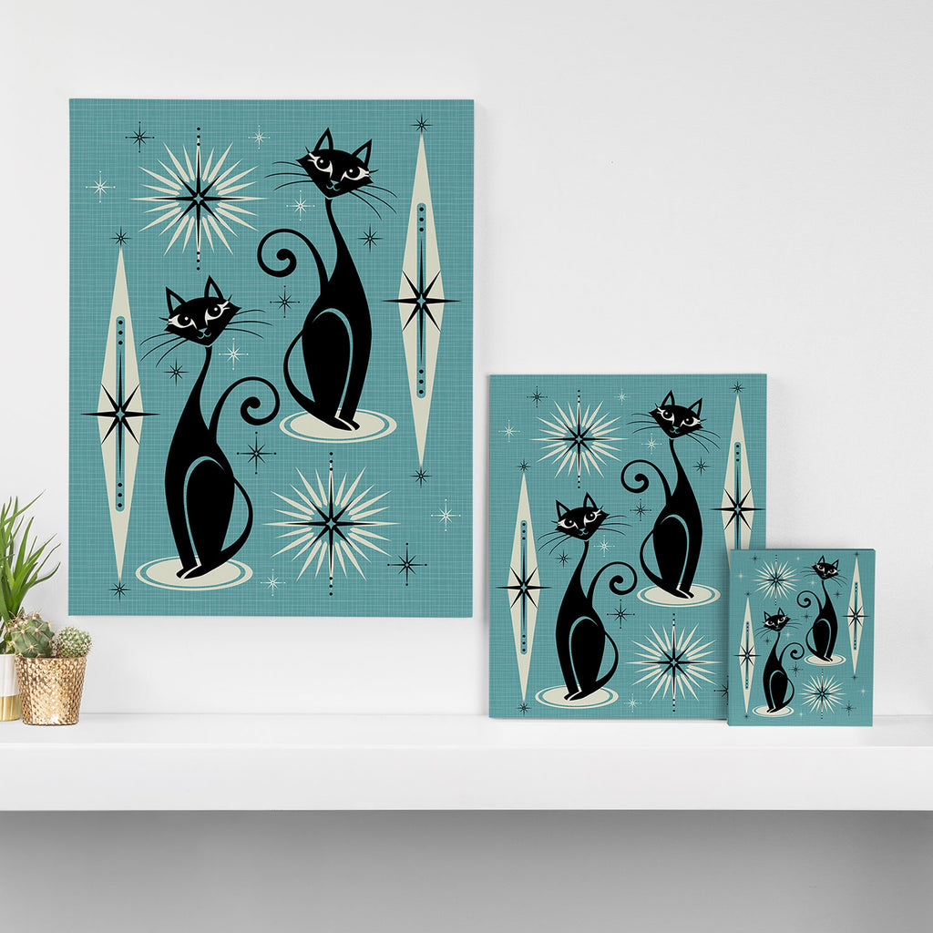 Mid Century Meow Retro Atomic Cats on Blue Canvas Print Gallery Image 3