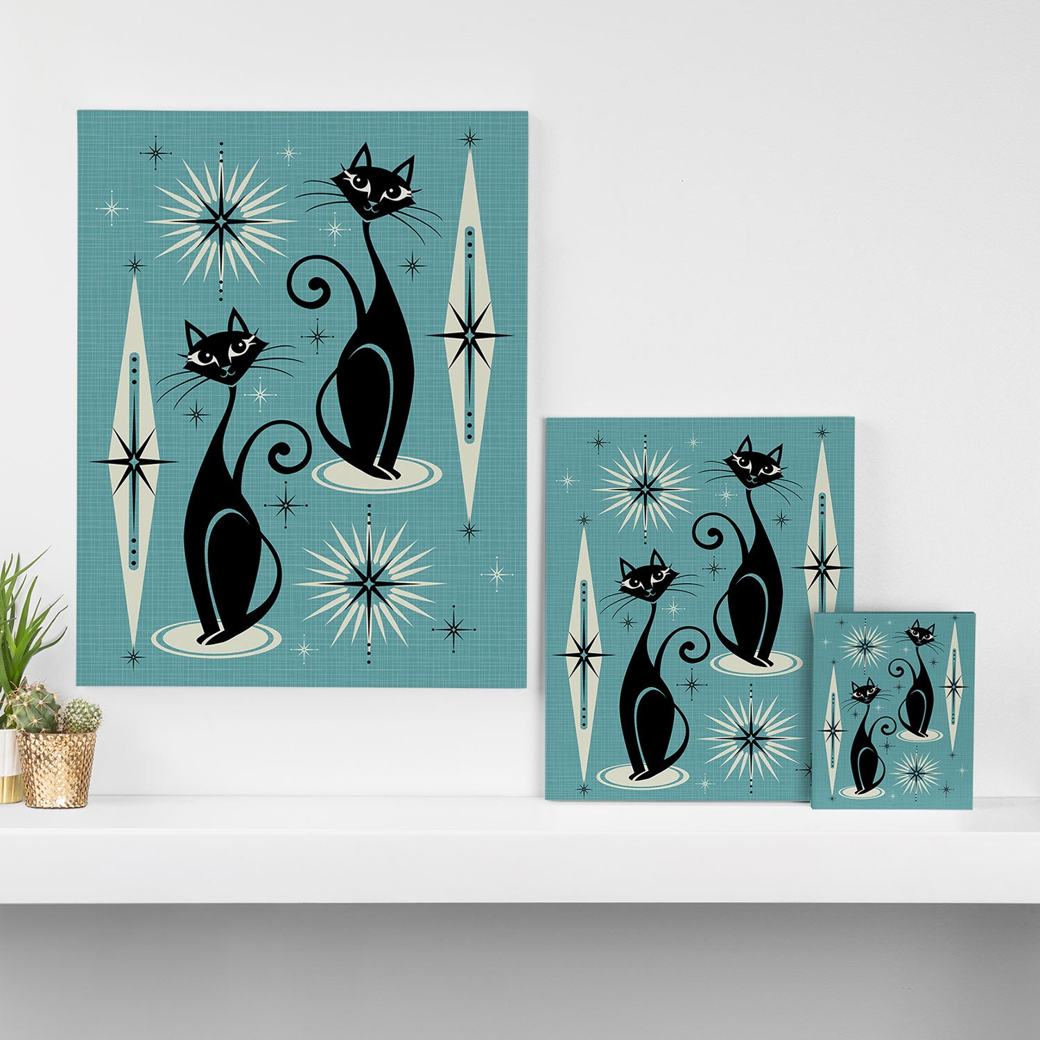 Mid Century Meow Retro Atomic Cats on Blue Canvas Print Gallery Image 3