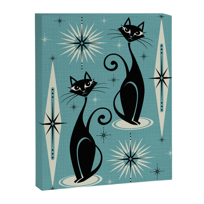 Mid Century Meow Retro Atomic Cats on Blue Canvas Print Gallery Image 1