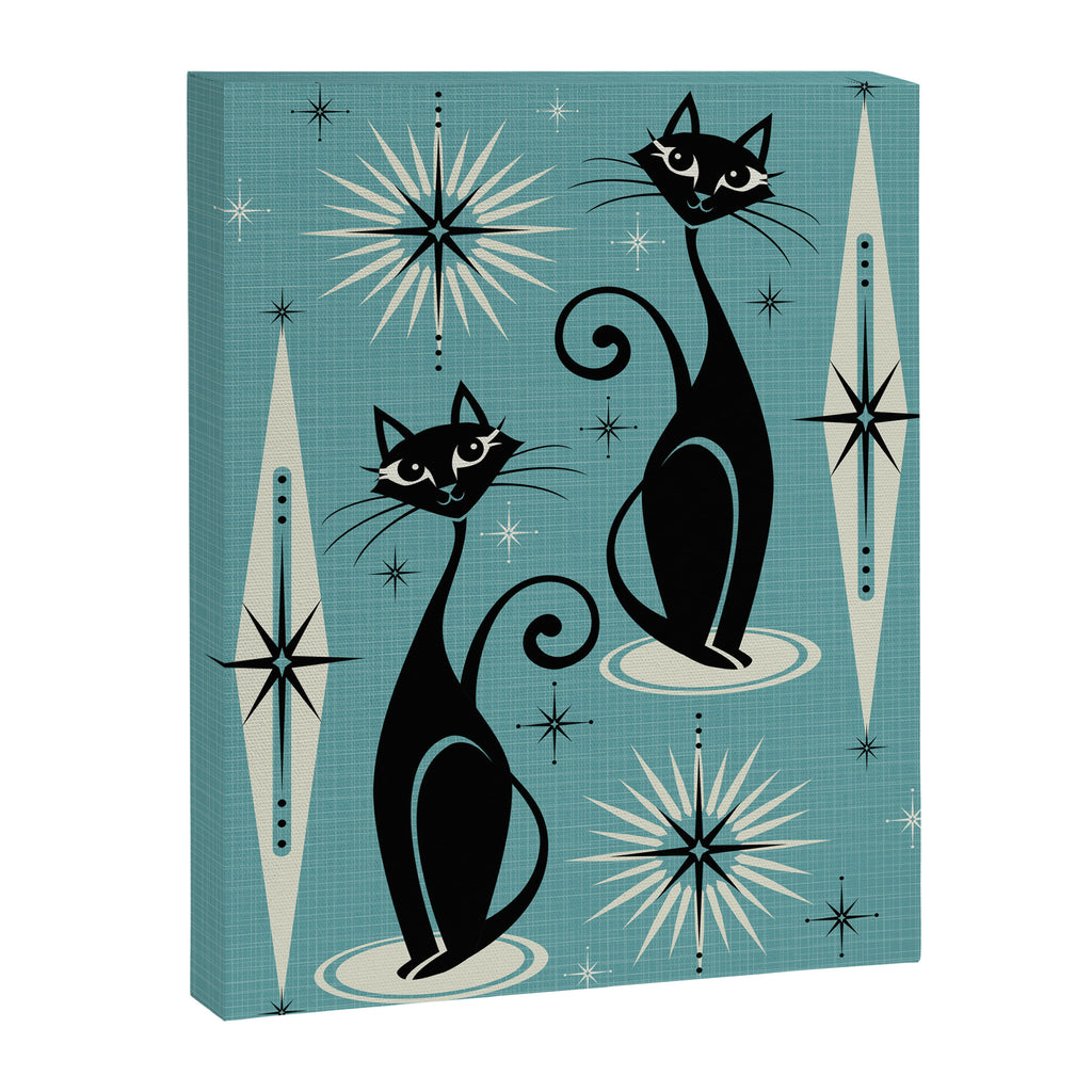 Mid Century Meow Retro Atomic Cats on Blue Canvas Print Gallery Image 3