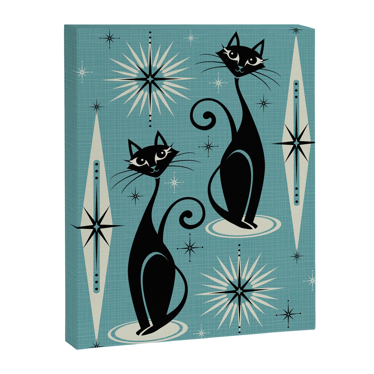 Mid Century Meow Retro Atomic Cats on Blue Canvas Print Gallery Image 3