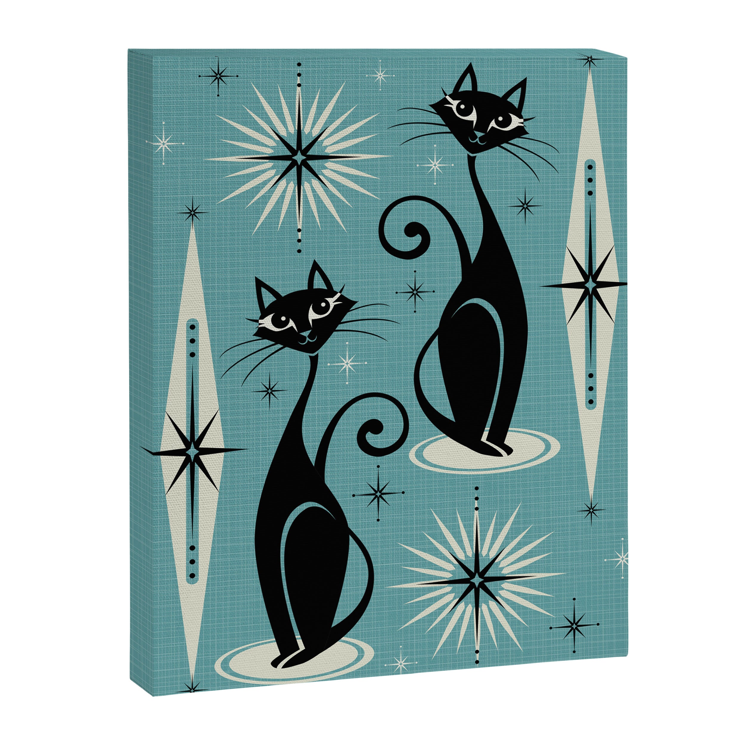 Mid Century Meow Retro Atomic Cats on Blue Canvas Print Gallery Image 3