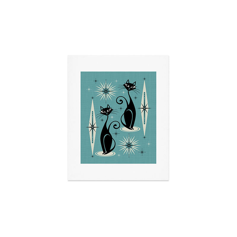 Mid Century Meow Retro Atomic Cats on Blue Art Print Gallery Image 1